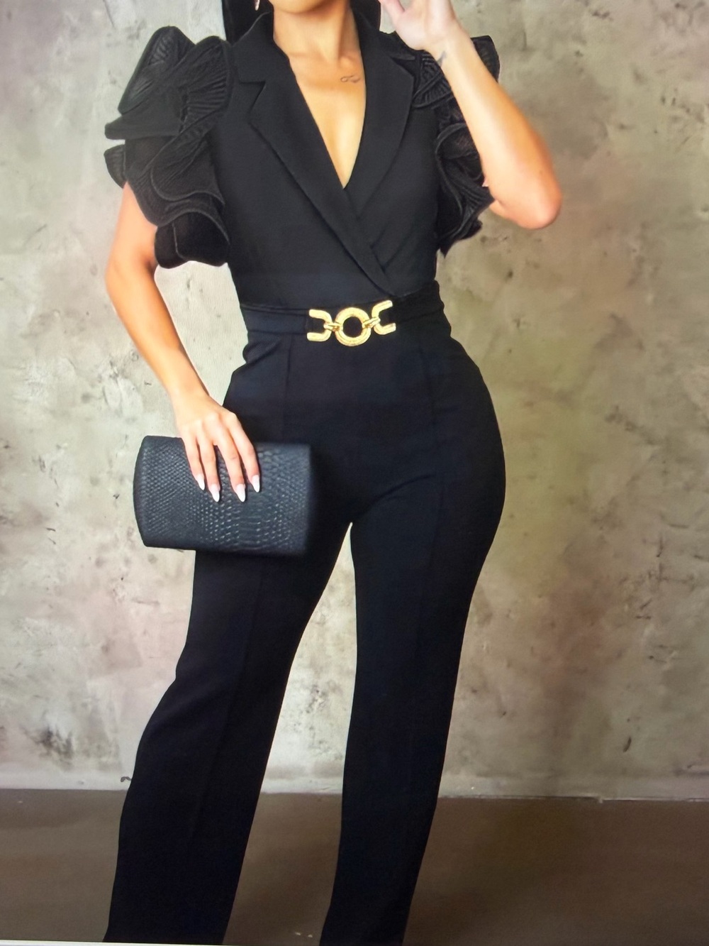 Puffed Flutter Sleeve Wide-Leg Jumpsuit with Gold Buckle- NWOT- Size XL